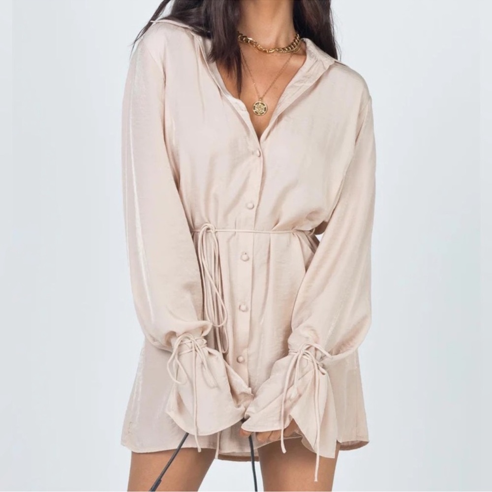 Cream Button-Up Long sleeve Dress with Ties | Princess Polly Forbidden Mini